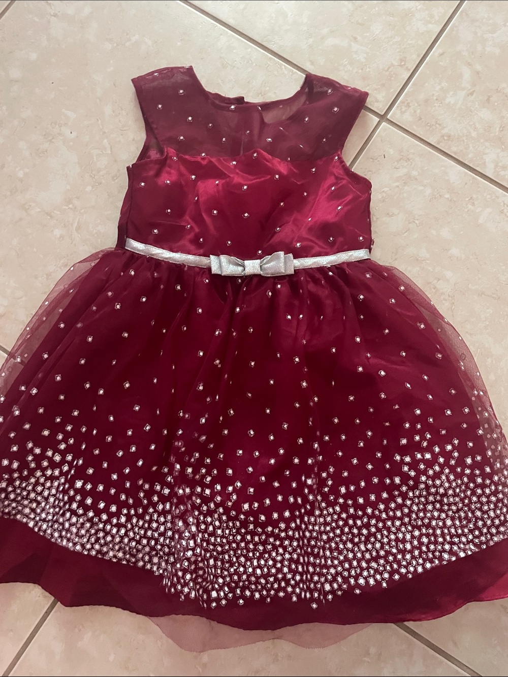 Jona Michelle Burgundy Tulle Party Dress with Silver Bow